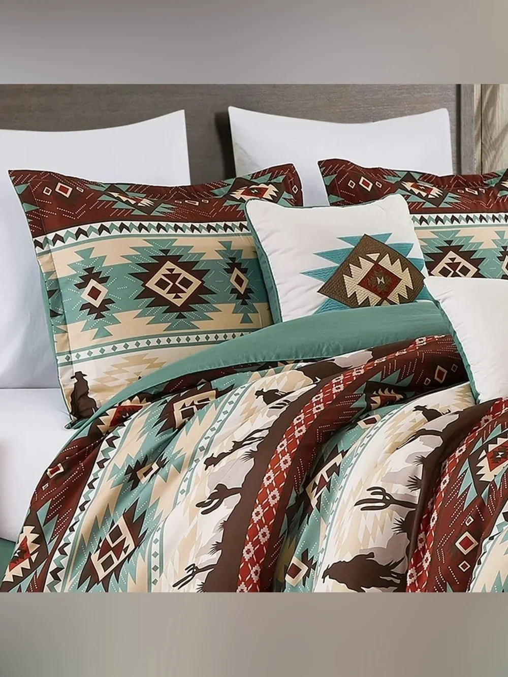 Southwest cowboy 3 piece queen  Comforter Set in Teal and Brown -